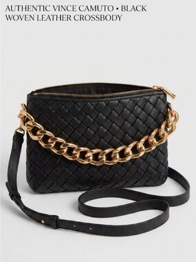 Vince Camuto Black Woven Leather Crossbody with Gold Chain Accent